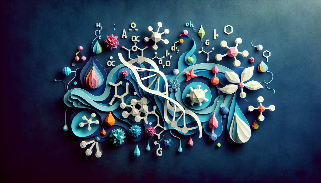 Colorful paper art promoting The Acidic Amino Challenge trivia quiz for biology students.