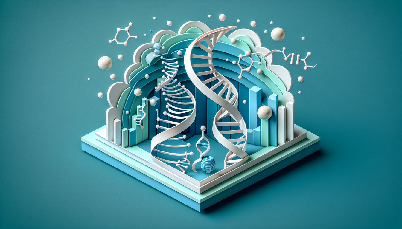Paper art illustration showing DNA helix, replication fork, RNA transcription, ribosome assembly on teal background.