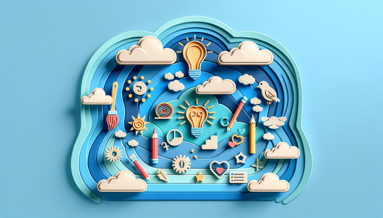 colorful paper art children holding quiz cards and gears on sky blue background showing playful personality test theme