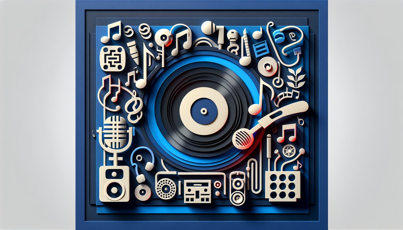 Paper art illustration of Tupac face with vinyl record and quiz text on dark blue background.