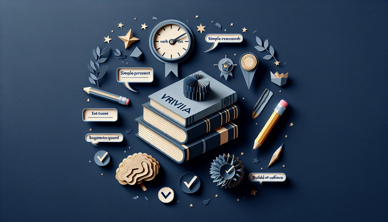 Colorful paper art promoting a trivia quiz for English grammar mastery among middle school students.