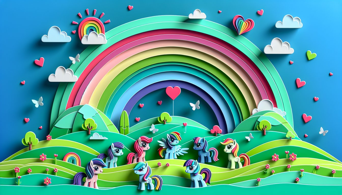 Paper art pony with rainbow mane and cutie mark on teal background promoting a free personality quiz to create your own pony