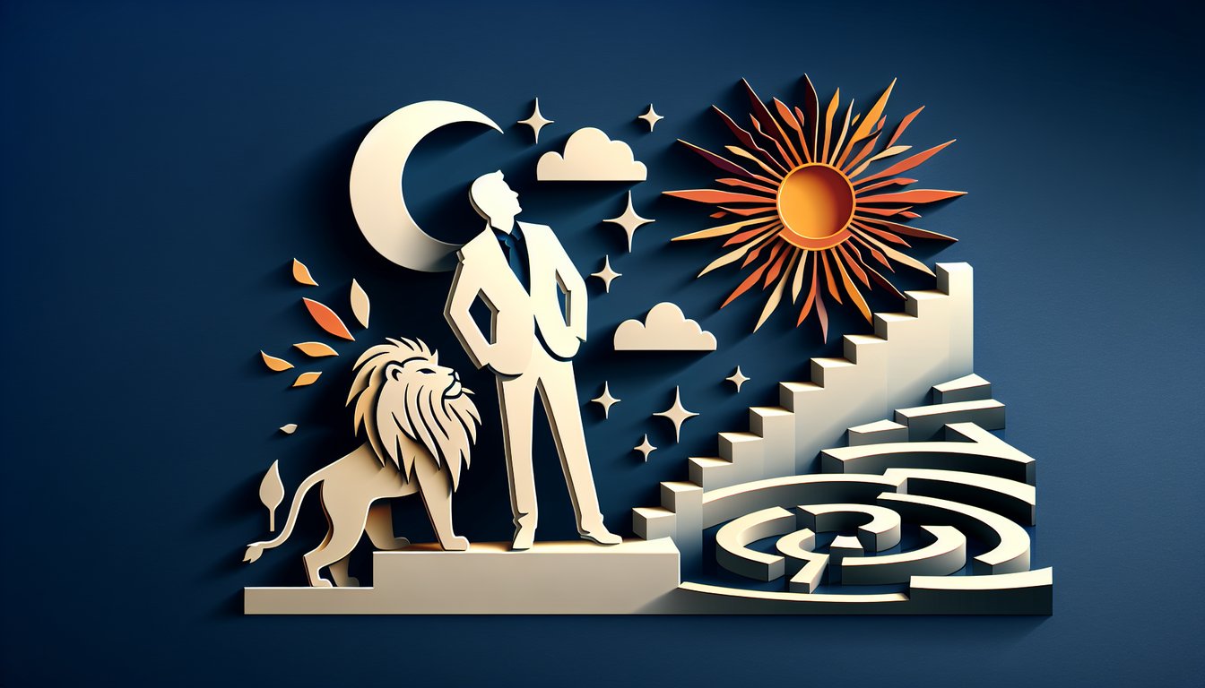 Paper art illustration for Alpha Quiz on leadership and confidence on a dark blue background