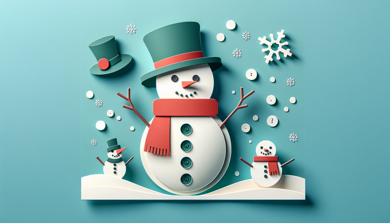 Paper art illustration for Frosty The Snowman trivia quiz on a teal background