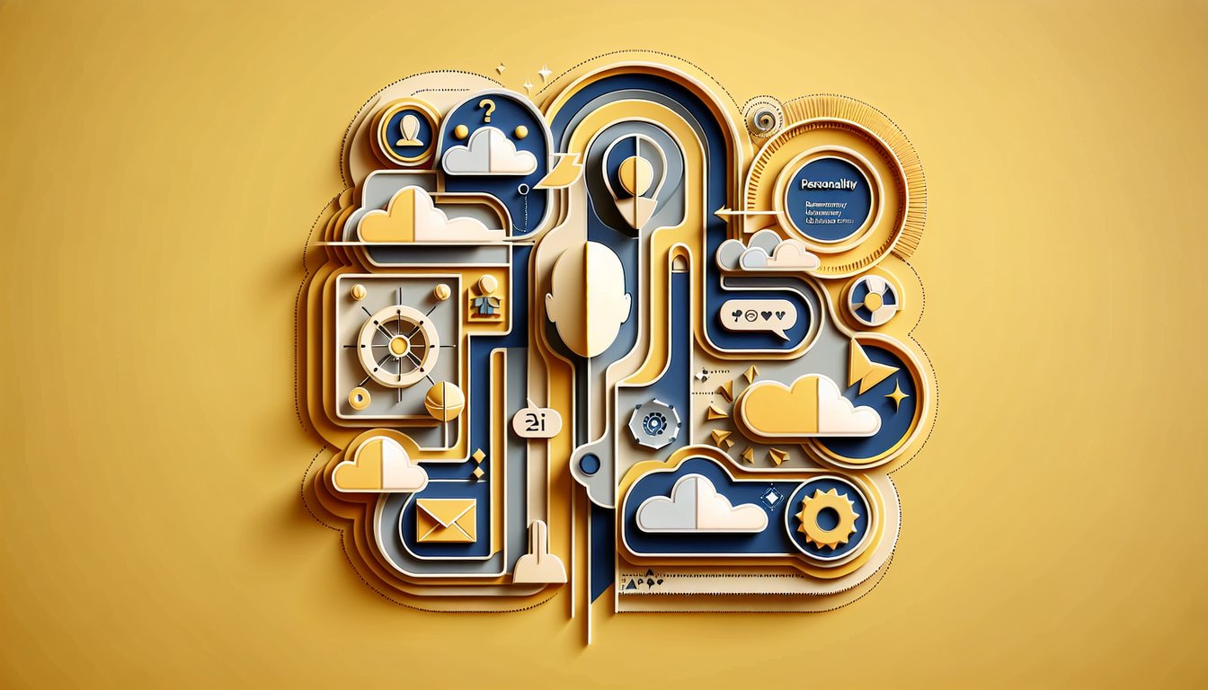 Playful paper art Bendy OC illustration with hearts and quiz headline on golden yellow background