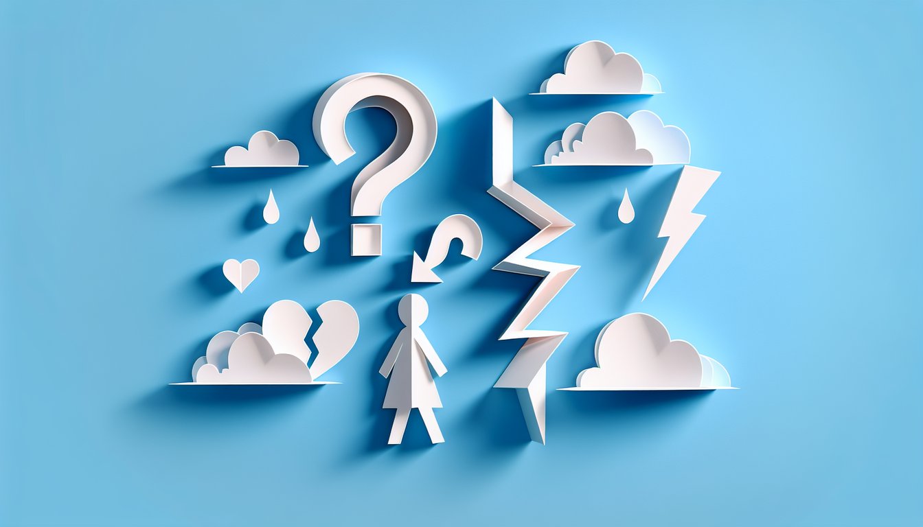 Paper art heart split in two above Does My Ex Hate Me quiz form on sky blue background with checklist icons