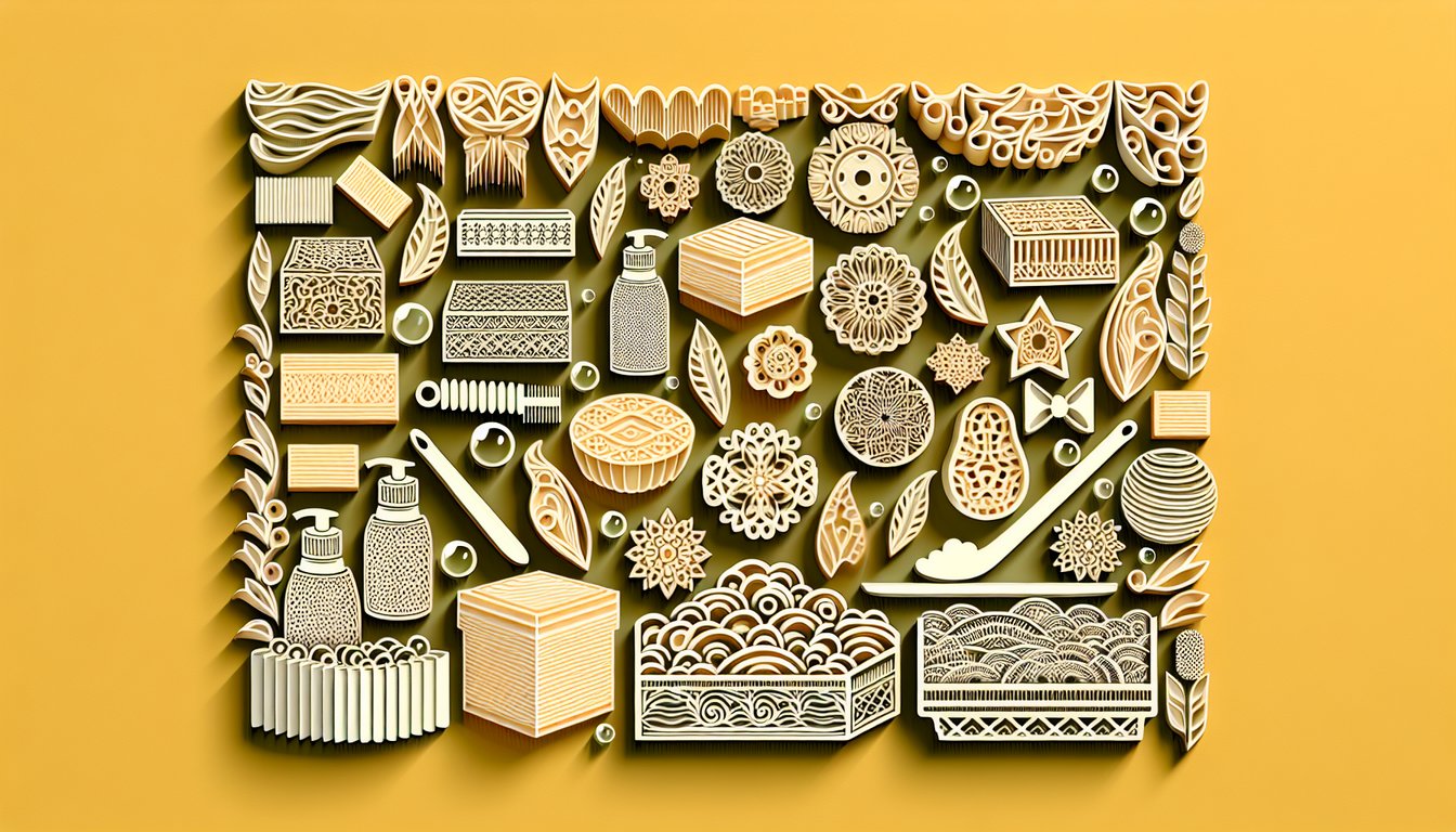 Paper art illustration showing soap bars bubbles lather history icons on golden yellow background for soap trivia quiz