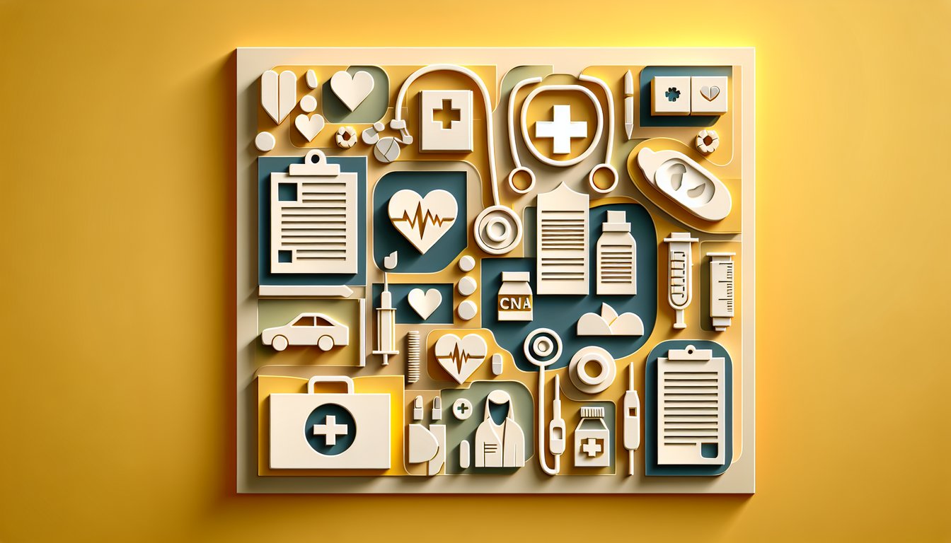 Paper art illustration for CNA medical abbreviations quiz on a golden yellow background