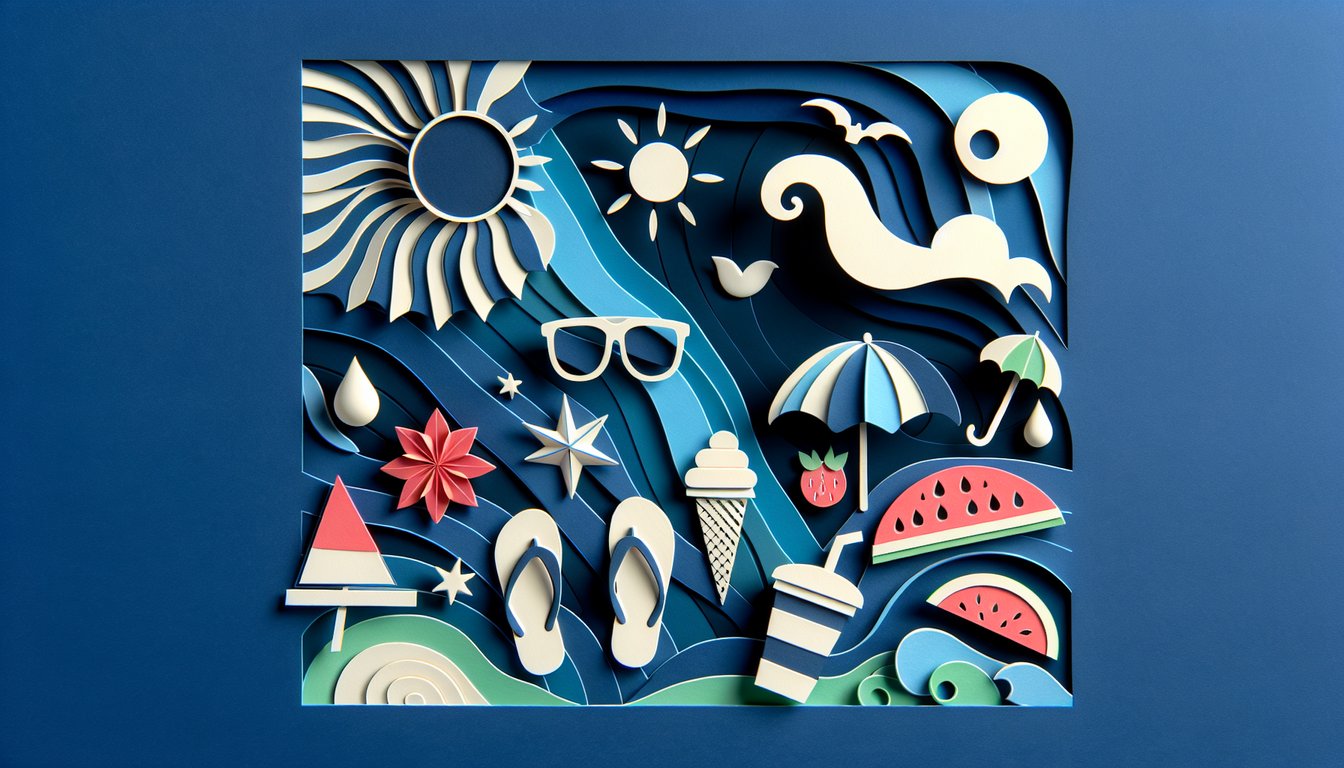 Paper art summer scene with sunglasses beach ball umbrella flamingo on dark blue backdrop for summer persona quiz.