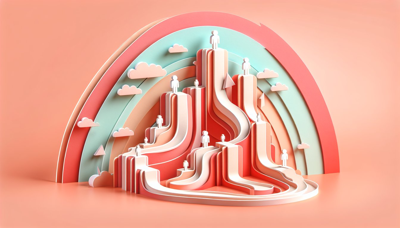 Paper art style coral background bold numbers arrows and quiz elements for higher or lower number guessing challenge