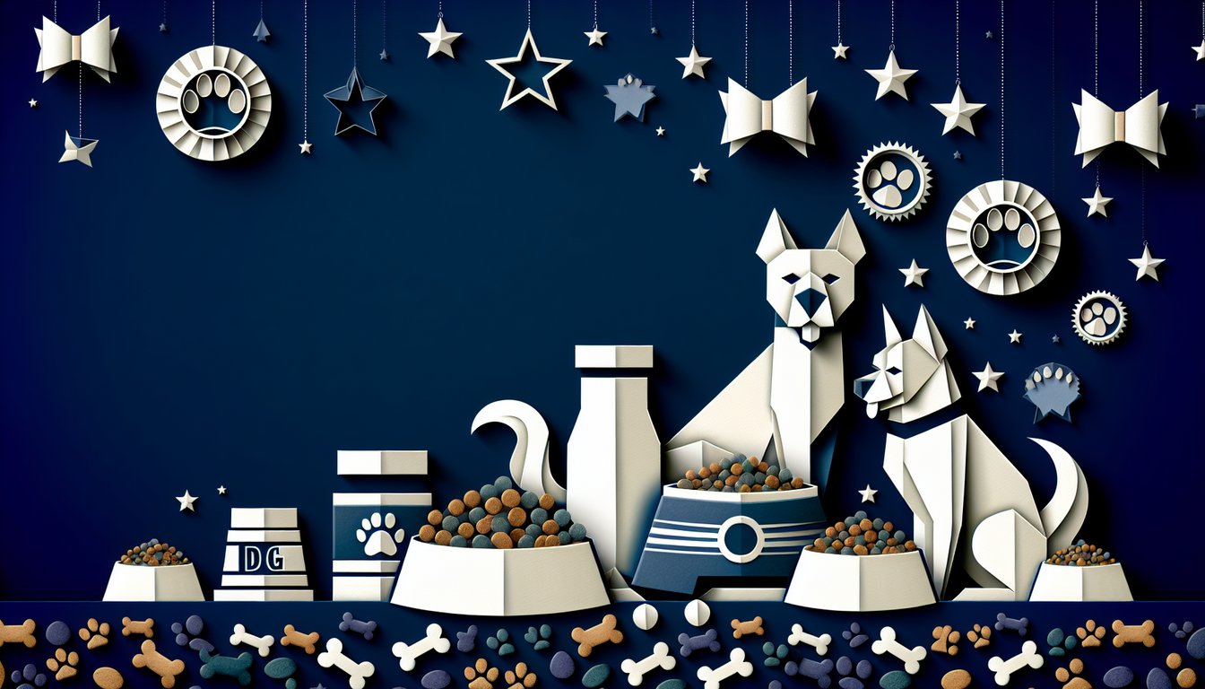 Colorful paper art illustrating a trivia quiz on dog food product knowledge