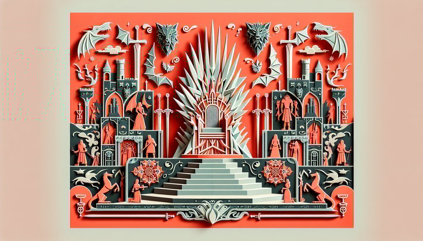 Paper art illustration for Game of Thrones trivia quiz featuring stylized Iron Throne on coral background.