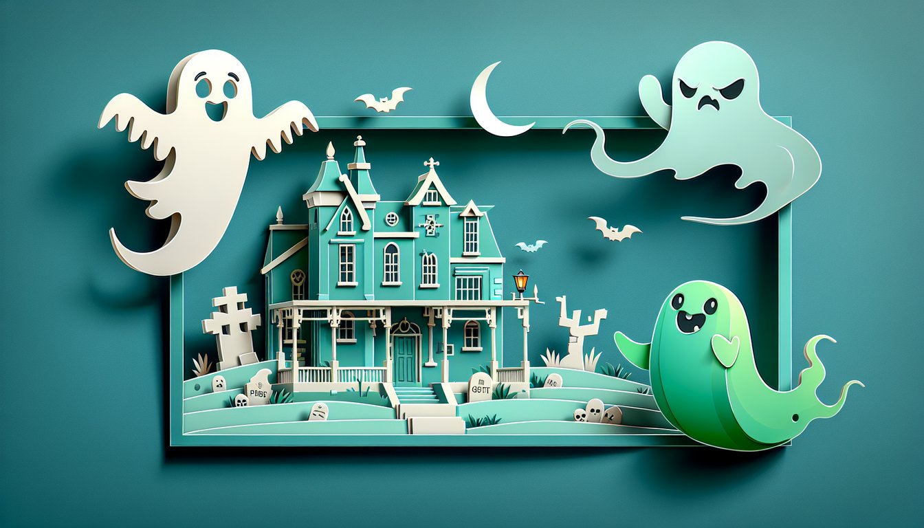Paper art style Luigi with ghost vacuum surrounded by Boo Poltergeist greenie shapes on teal background-Luigis Mansion quiz