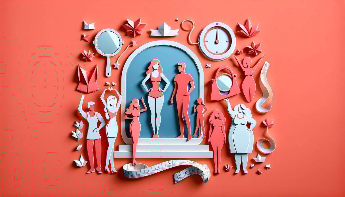 Paper cut art showing diverse body silhouettes on coral background for a body image perception quiz testing self confidence