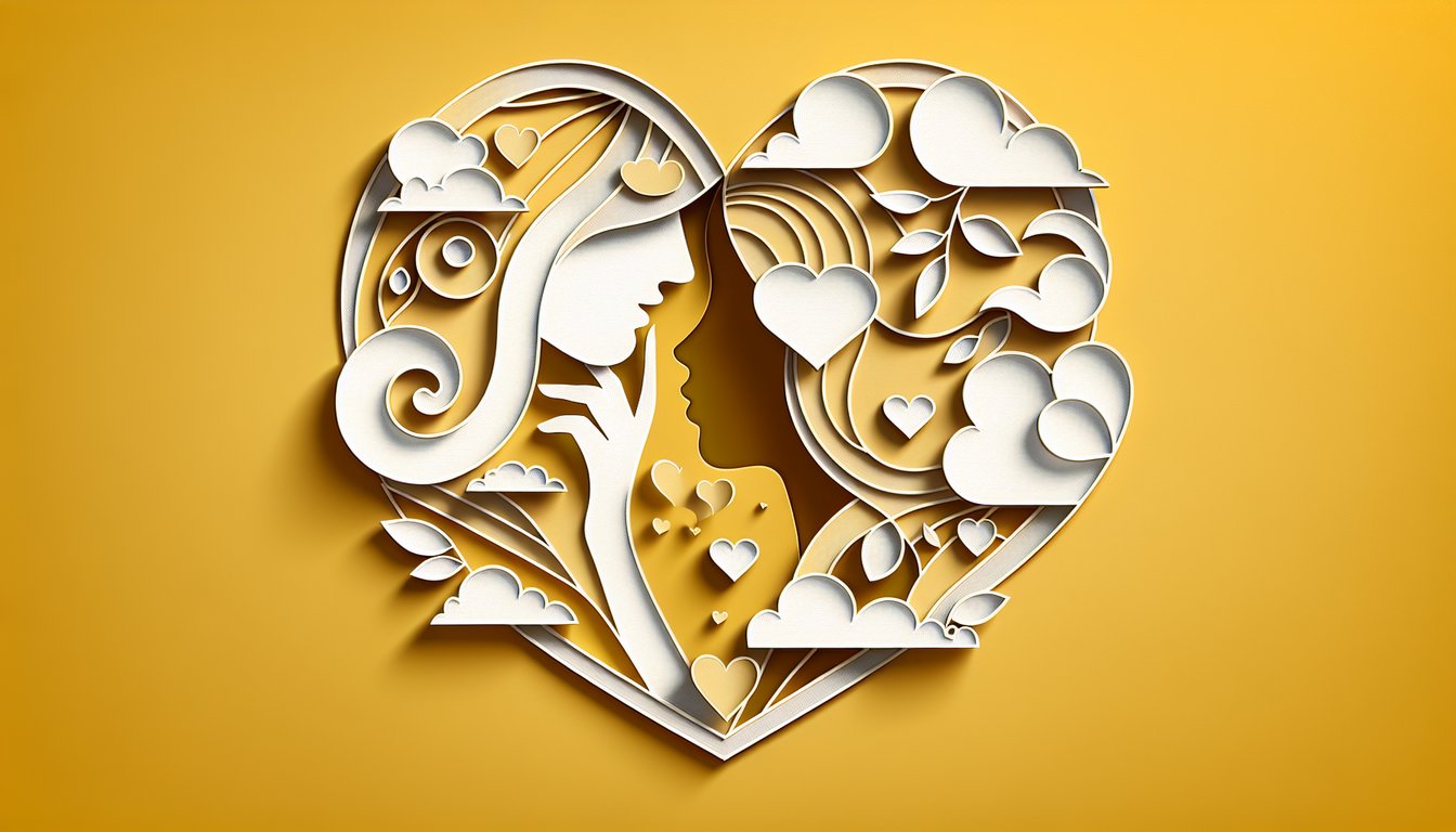 Paper art hearts envelope and question marks on golden yellow background hint at secret crush quiz for girls 10-13