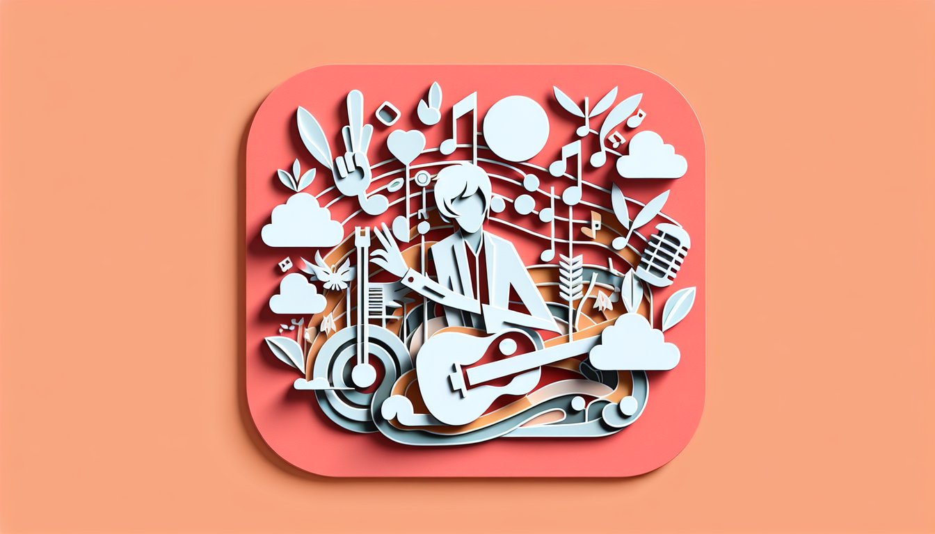 Paper art illustration showing free Brady Bunch lyric quiz word cards and musical notes on coral background