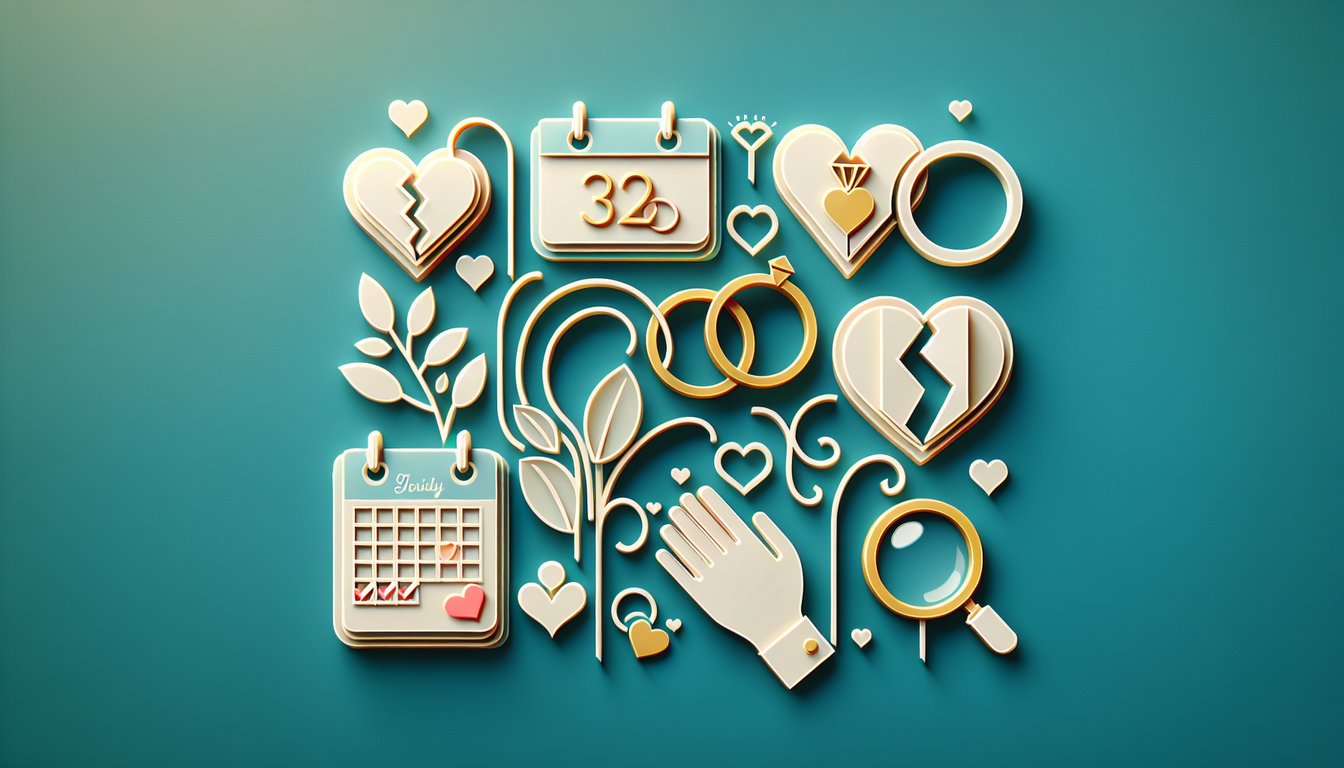 Paper art illustration of wedding rings and question mark on teal background for a marriage quiz