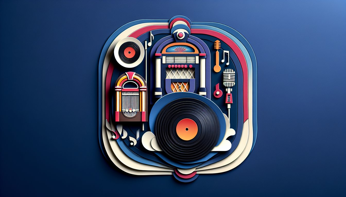 Paper art illustration for 60s music trivia quiz on a dark blue background