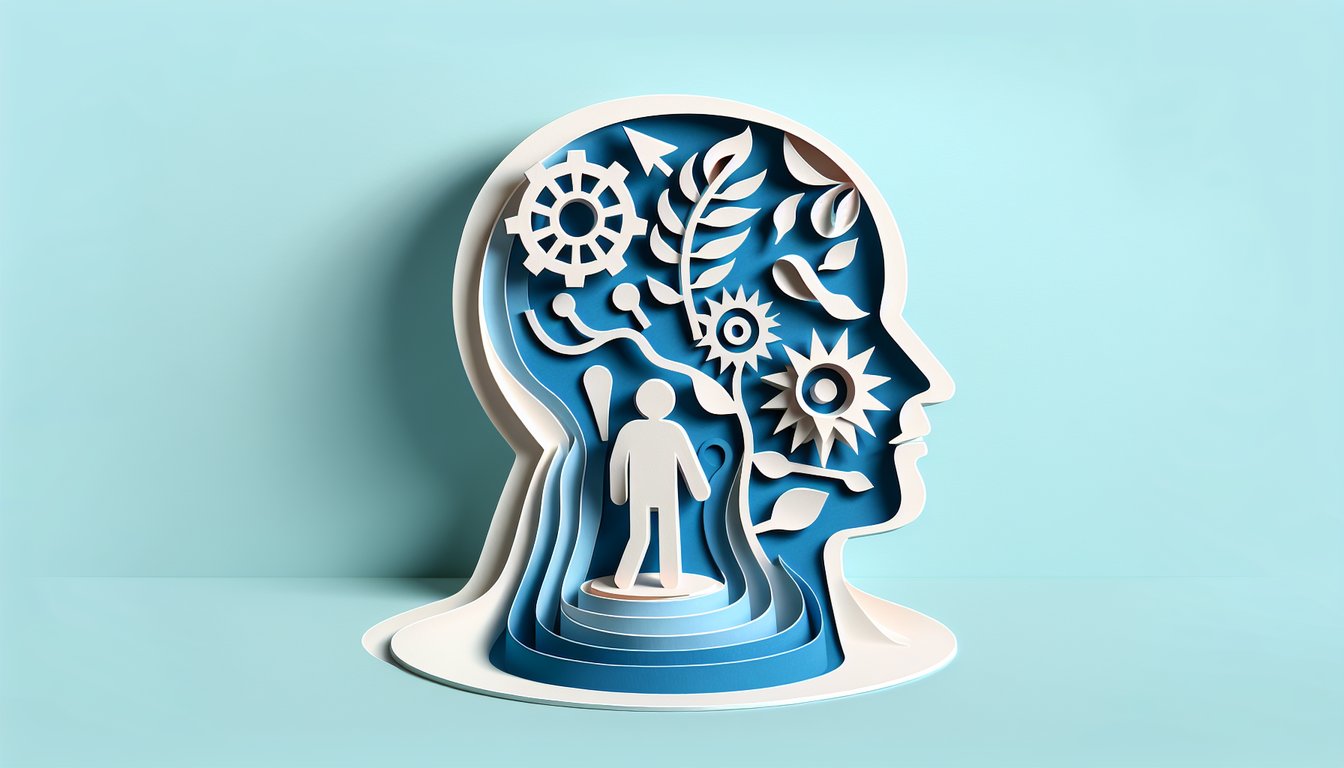 Paper art illustration for a red flag quiz promoting self-discovery and personal growth on a sky blue background.