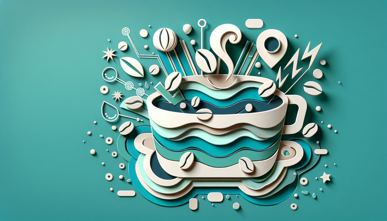 Paper art illustration for a coffee allergy quiz on a teal background