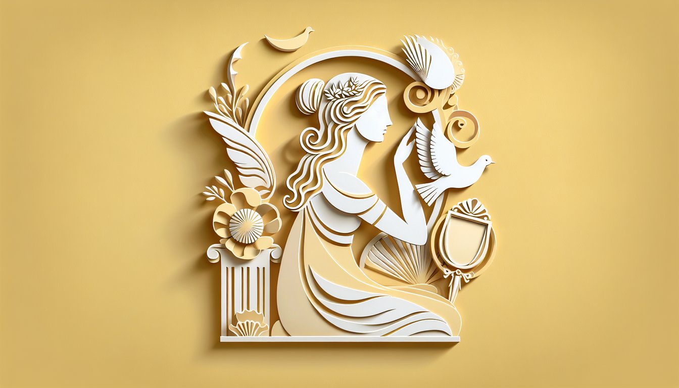 paper art goddess silhouette with flowing hair hearts and flowers on golden yellow background for a love beauty quiz header