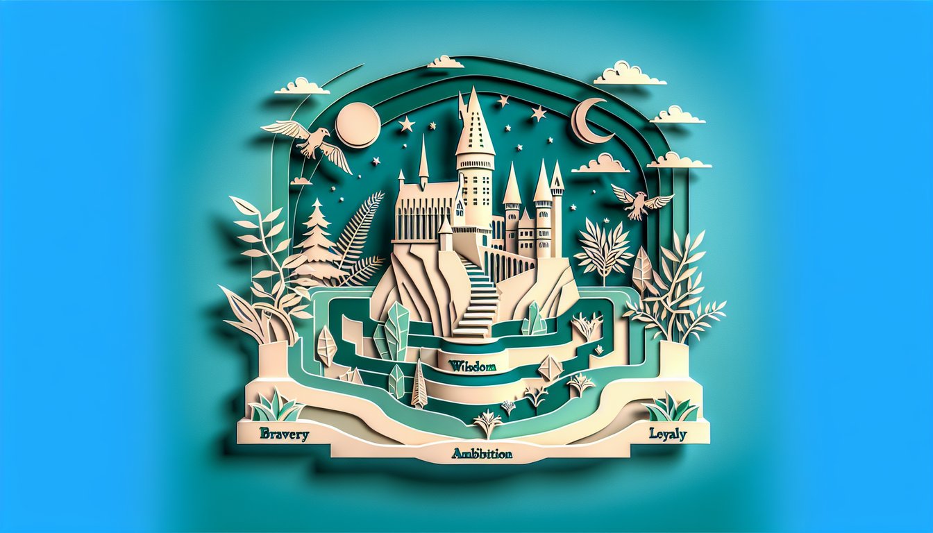 Paper art style illustration with Hogwarts house symbols and free quiz text on teal background