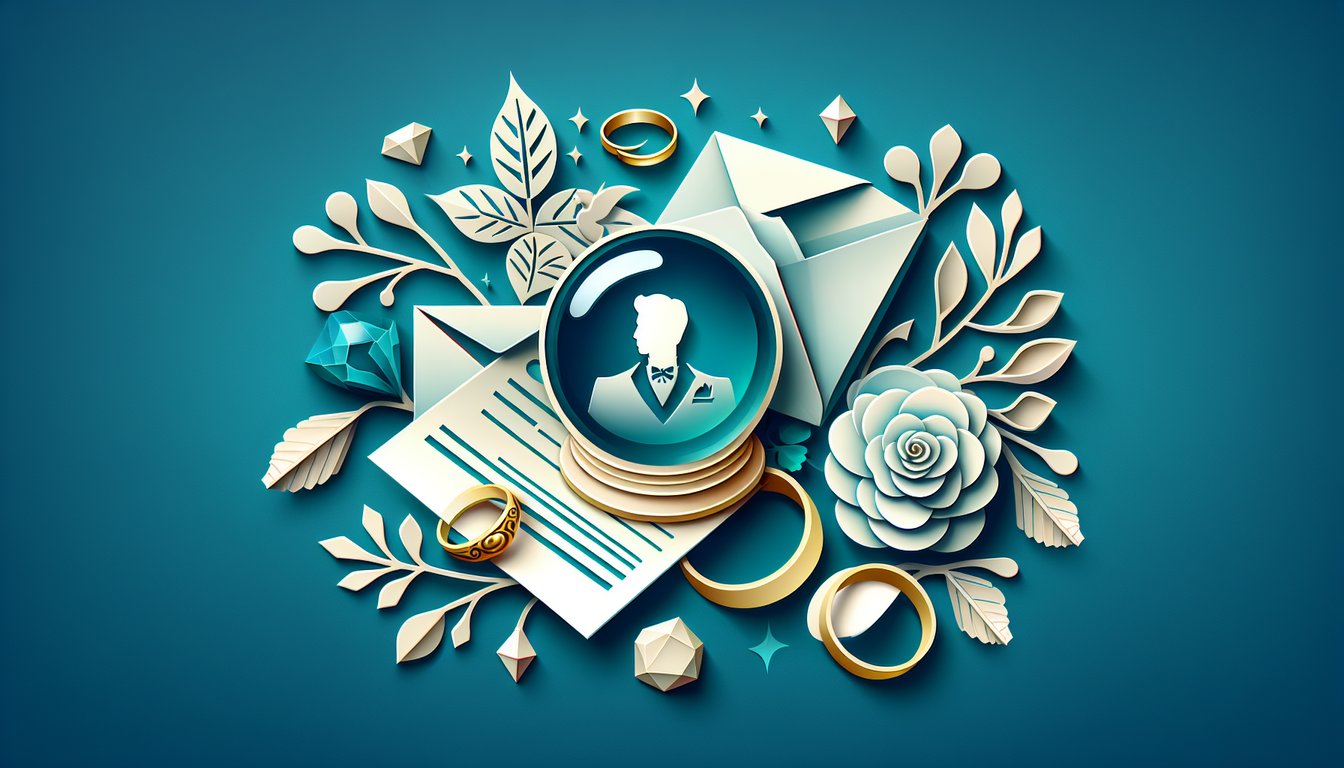 Paper art illustration for quiz about discovering future husbands name on teal background