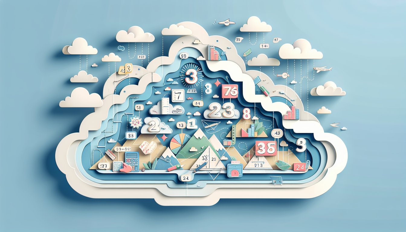 Paper art illustration for long division practice problems quiz on a sky blue background