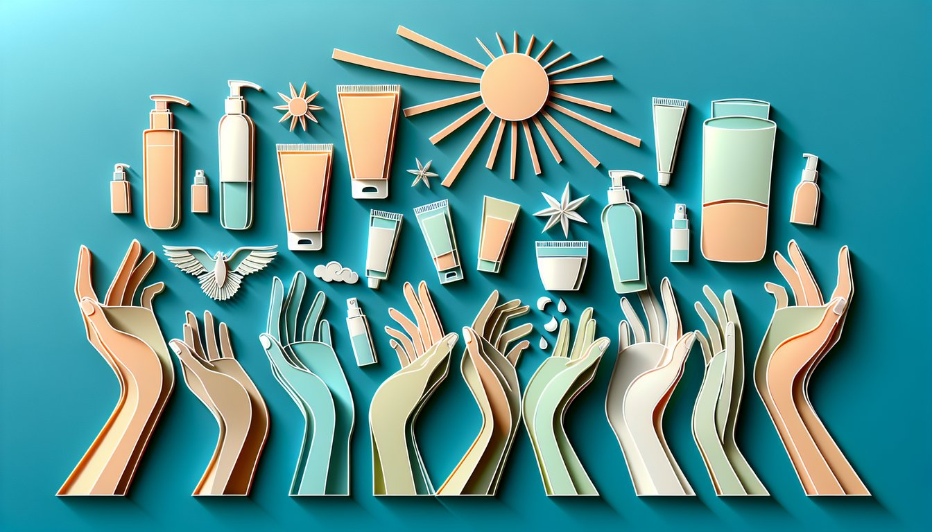 Paper cutout illustration of layered skin tone cards and quiz text about Fitzpatrick skin type test on teal background