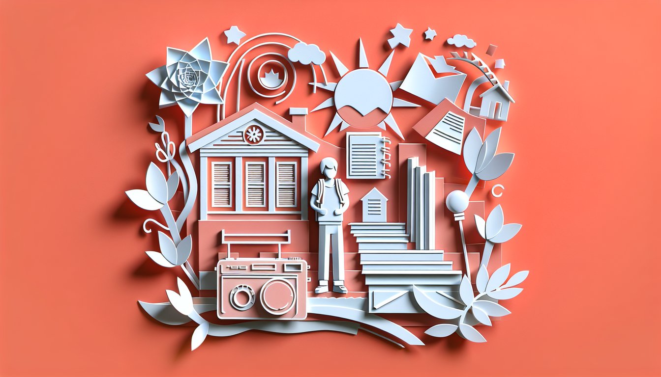 Paper art scene of an open book with paper cut figures in rye fields and quiz text for chapters 1-9 on a coral background