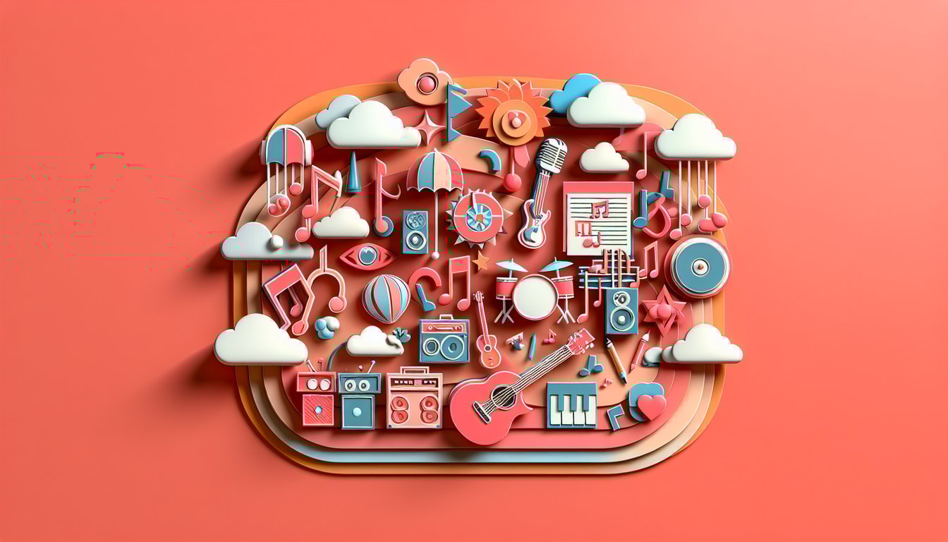 Paper art illustration for Gorillaz trivia quiz on a coral background