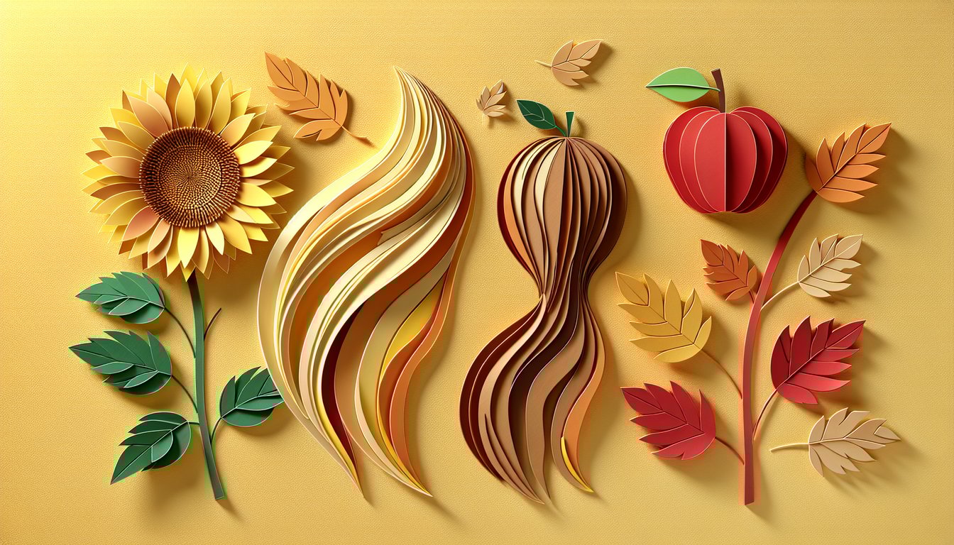 Paper art illustration for hair color quiz on a golden yellow background
