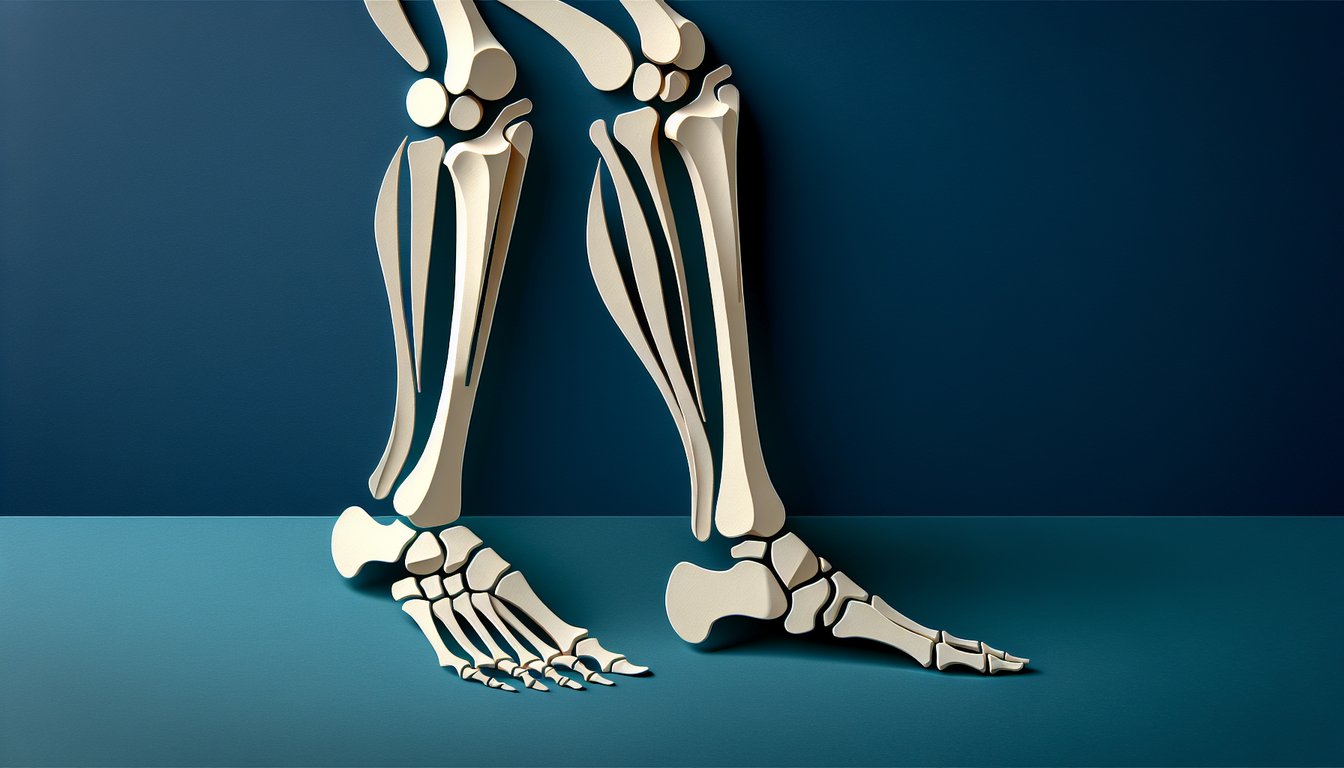 Paper art showing femur tibia fibula patella foot silhouettes on dark blue background for lower limb bones quiz