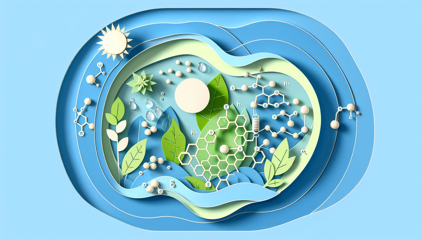 Paper art illustration of a chloroplast with stacked flattened membrane sacs called thylakoids on a sky blue background