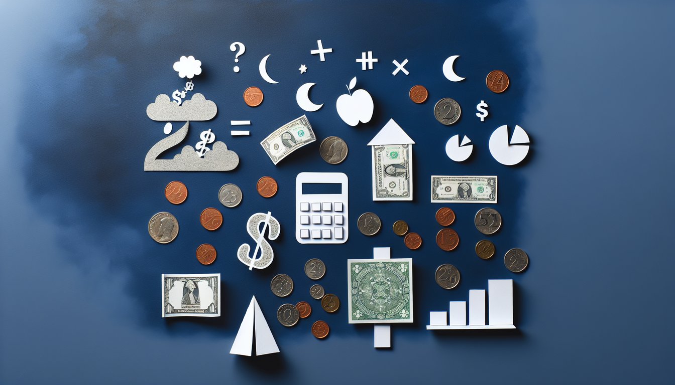 Colorful paper art featuring symbols for Elementary Money Math Quiz