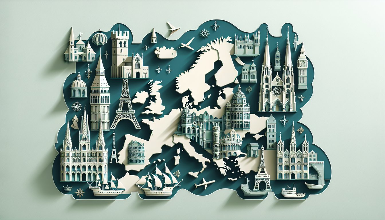 Paper art collage of European history quiz icons landmarks maps books question marks on teal background