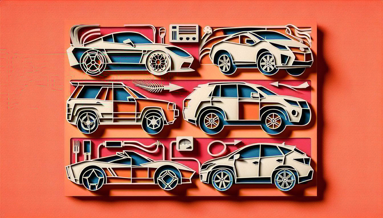 Paper cutout style cars and abstract shapes on coral background for a fun quiz to match your style and spirit with a car