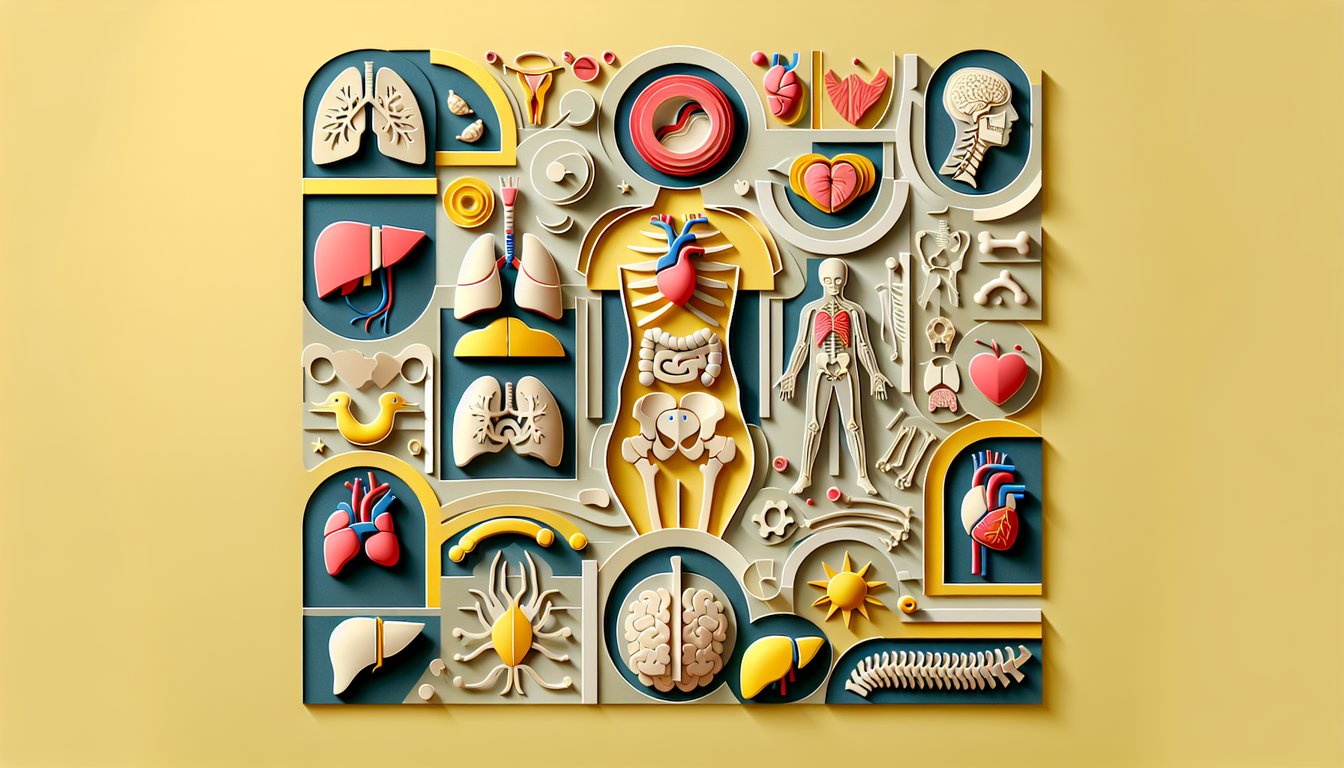 Paper art human body with cutout organs on golden yellow background for Grade 4 body systems quiz.
