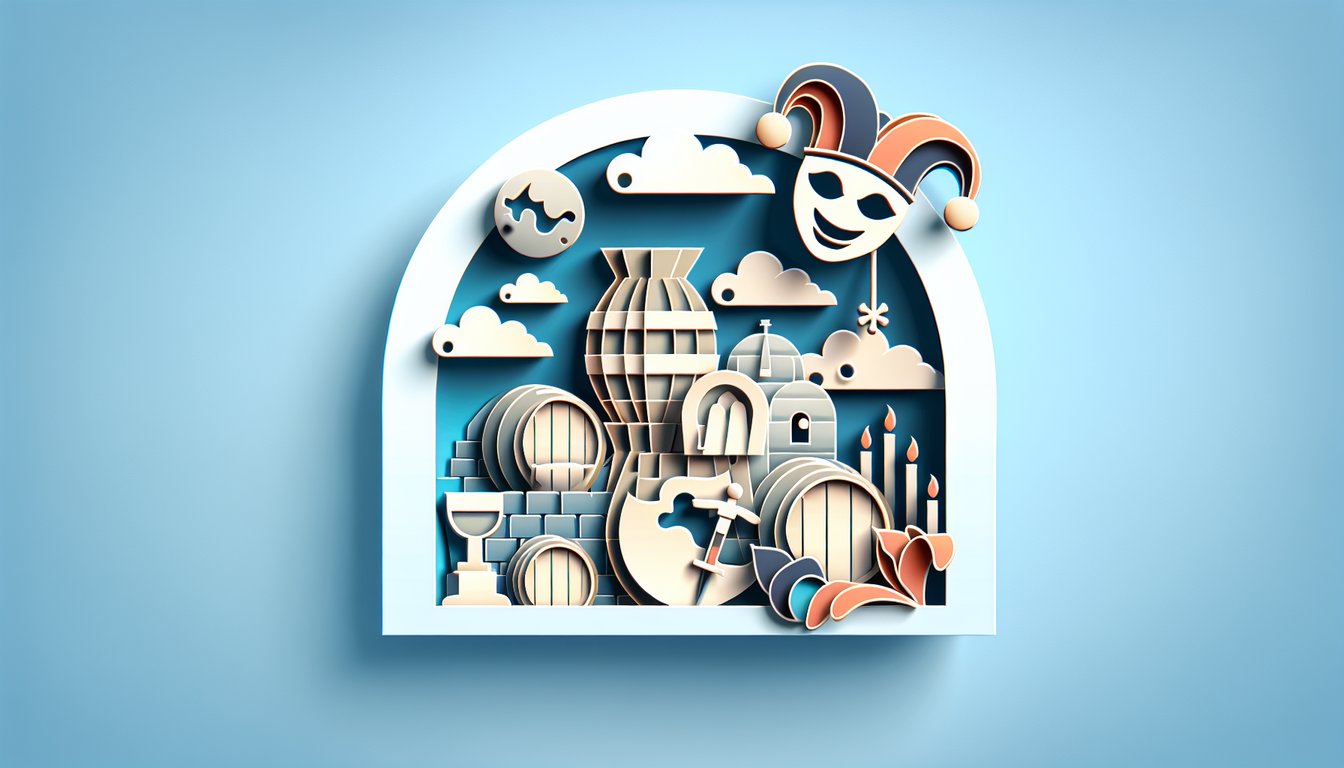 Paper art scene with books wine barrel and quill on sky blue background for Cask of Amontillado vocabulary quiz
