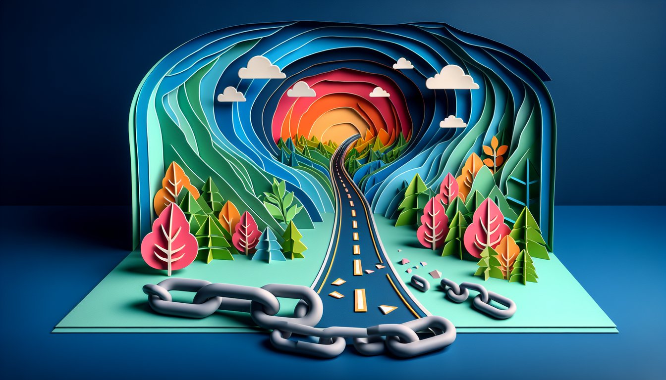 Paper art illustration shows a paper car on a winding paper road across layered hills with signpost on dark blue background