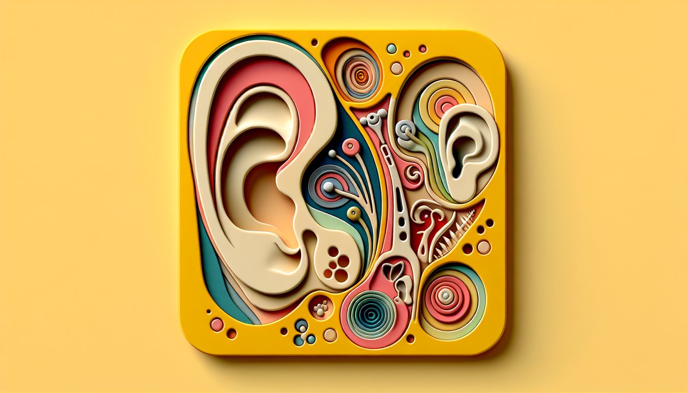 Paper art illustration of human ear cross section with cochlea and auditory canal on golden yellow background for anatomy quiz
