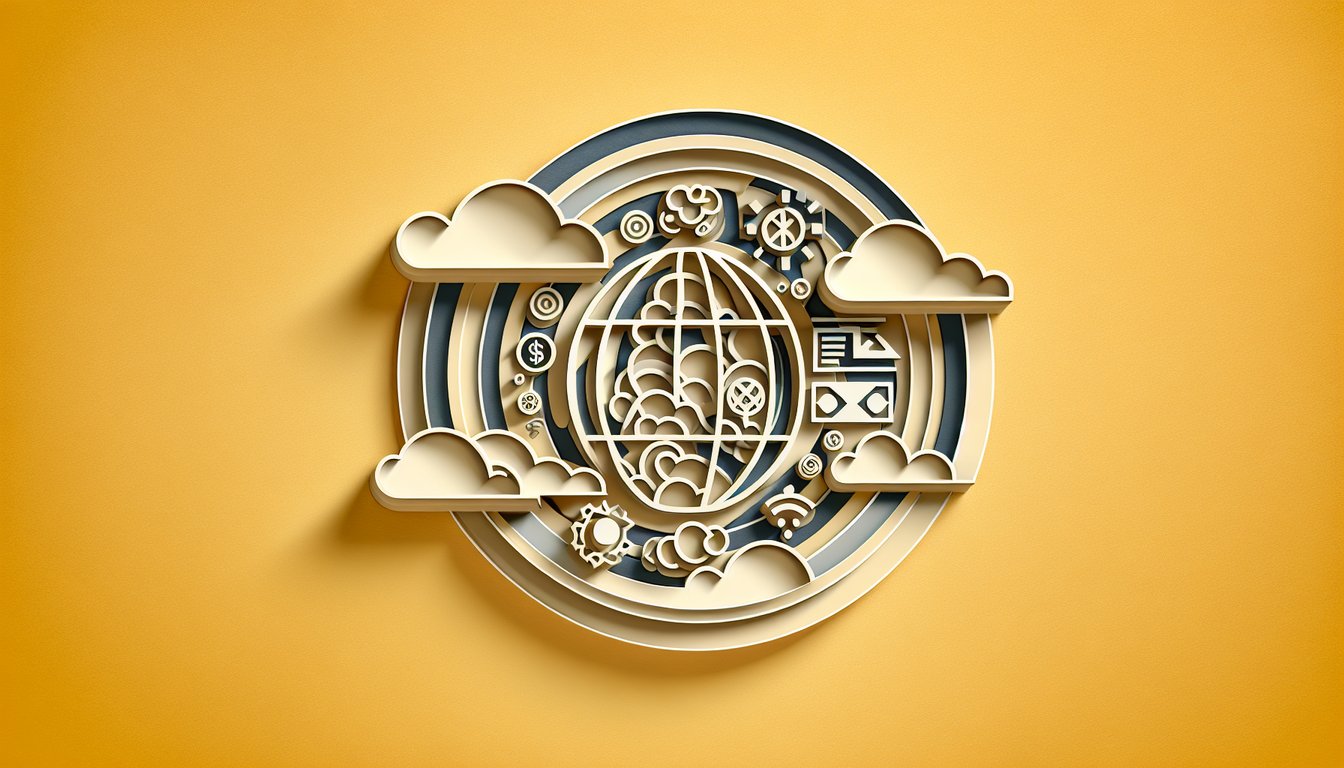 Paper art illustration for brand knowledge quiz with logos on a golden yellow background