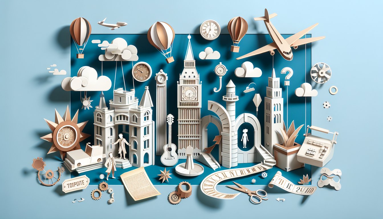Paper art style Doctor Who quiz with TARDIS, sonic screwdriver, companion silhouettes on sky blue background