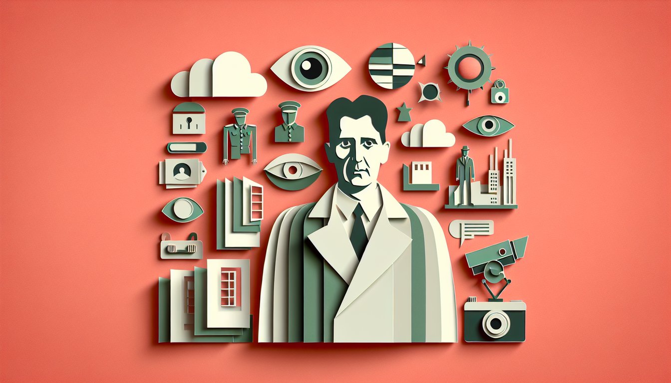 Paper art illustration for George Orwell 1984 Part One quiz on coral background showing Big Brother face typewriter book