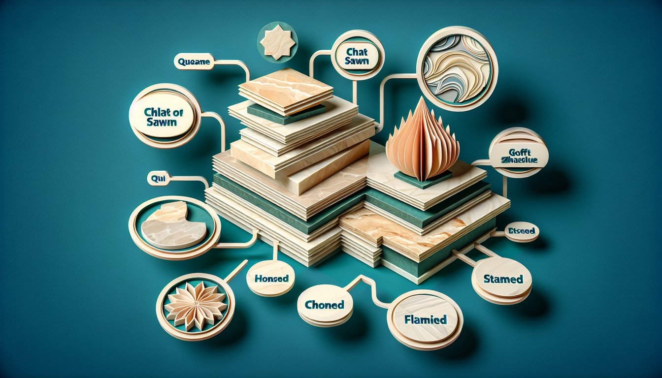 paper art quiz scene with stylized stone slabs labeled chat sawn, honed, flamed on teal background
