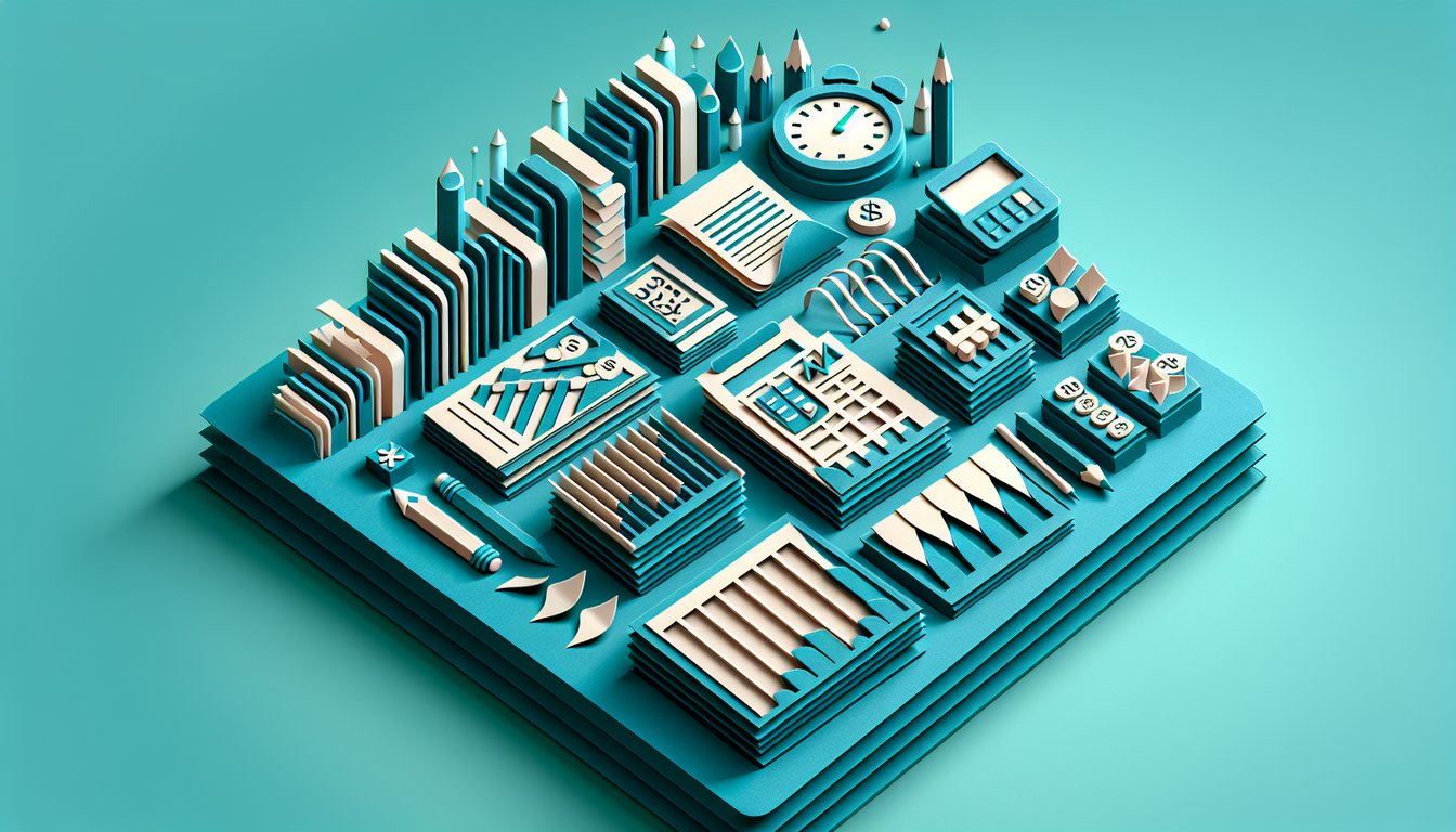 Paper art illustration of calculators, ledgers, coins, pencil on teal background for free accounting practice exam quiz