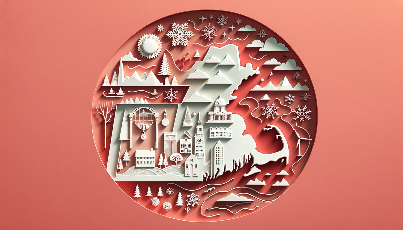 Paper art illustrating New England trivia quiz on a coral background
