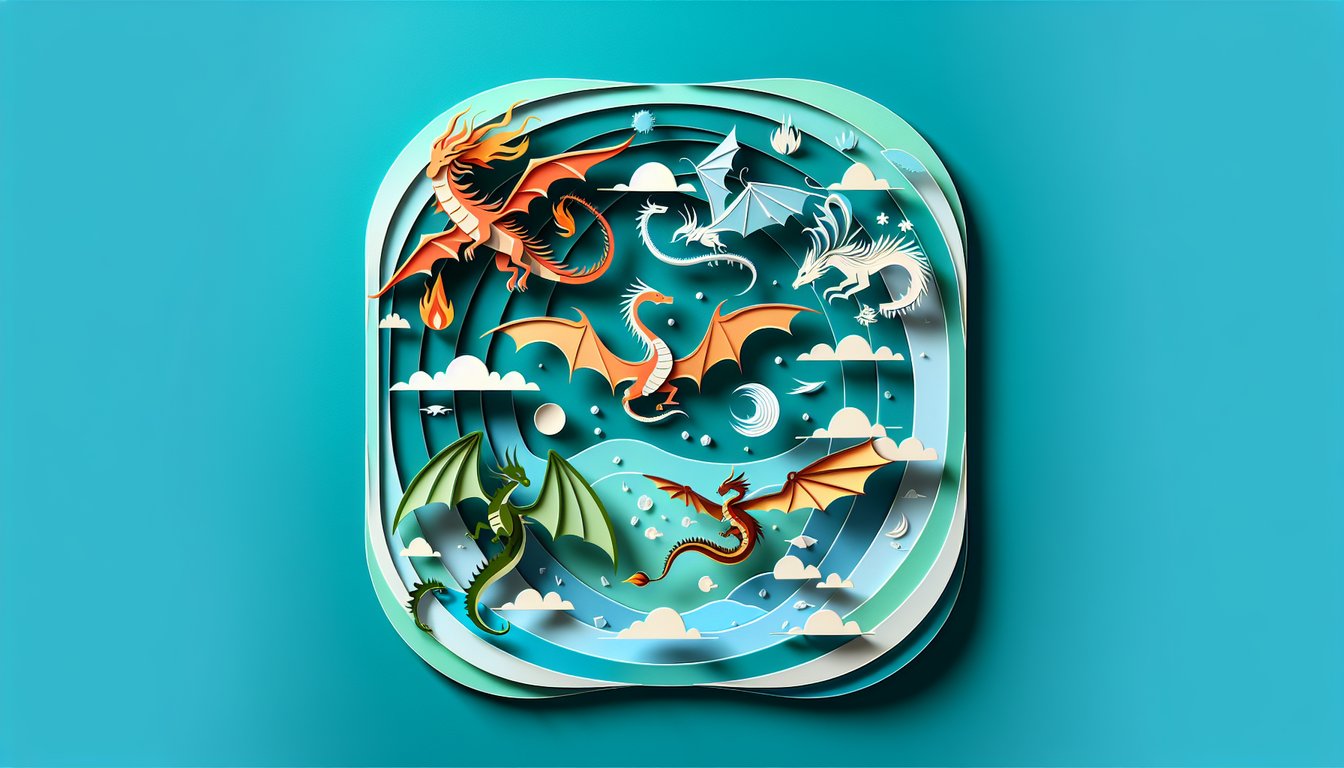 Paper art illustration for dragon companion quiz on a teal background