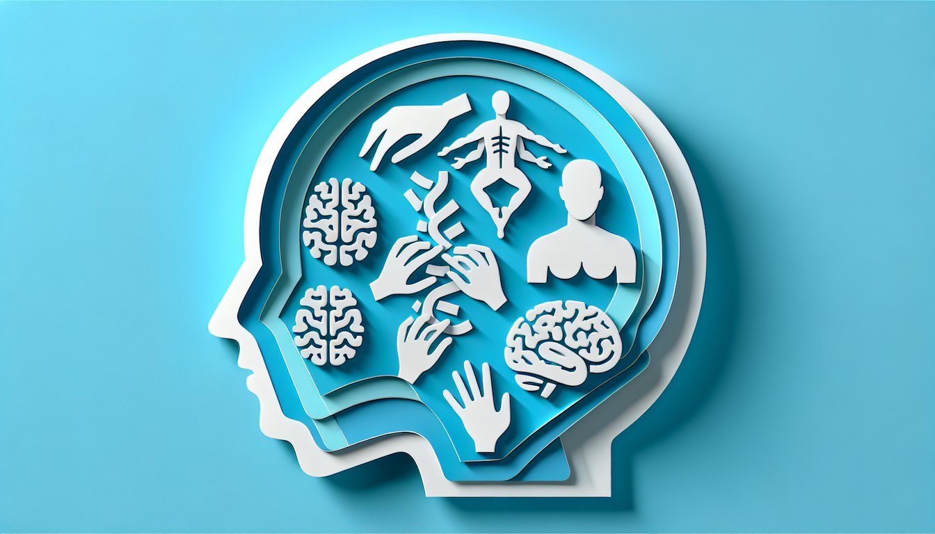 Layered paper art of human body spine hands and test symbols for anatomy physiology and massage quiz on sky blue background