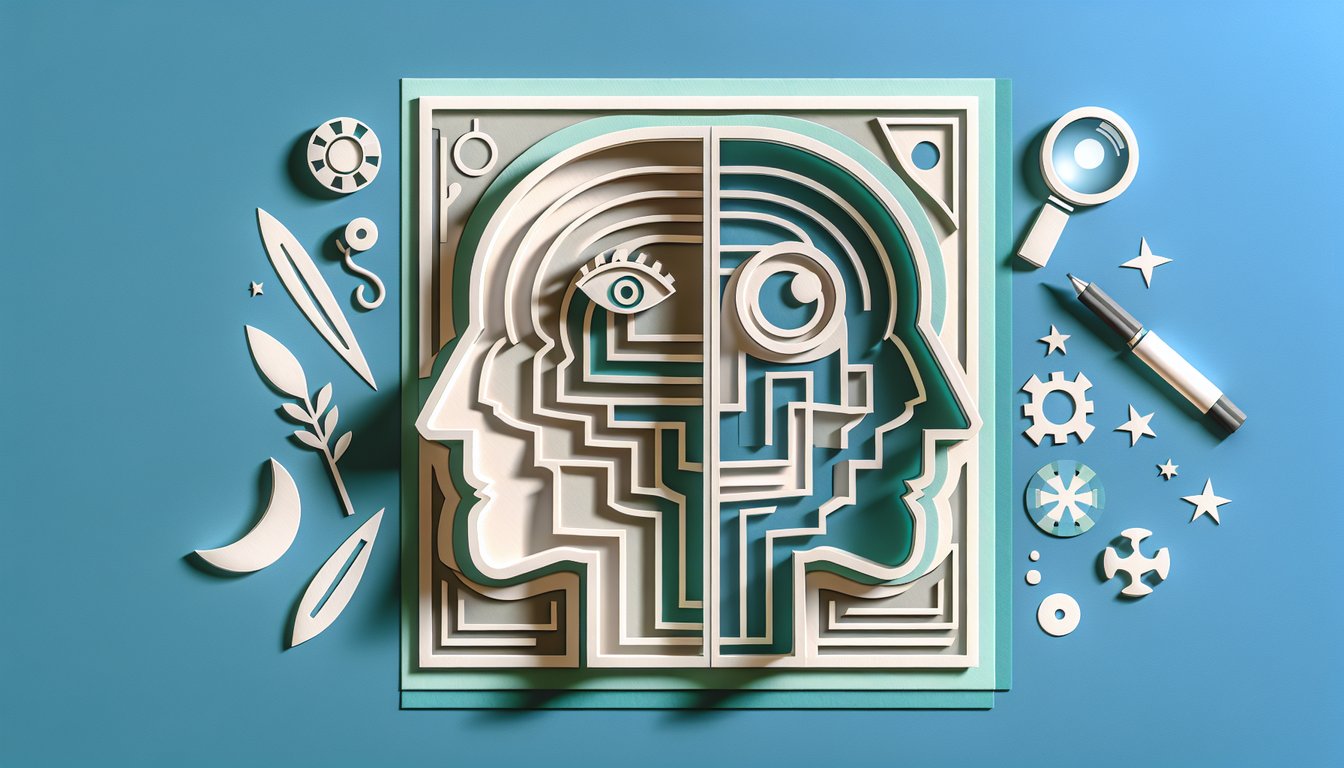 Paper art twin figures pop from open book on teal background with playful cutouts hinting at personality quiz